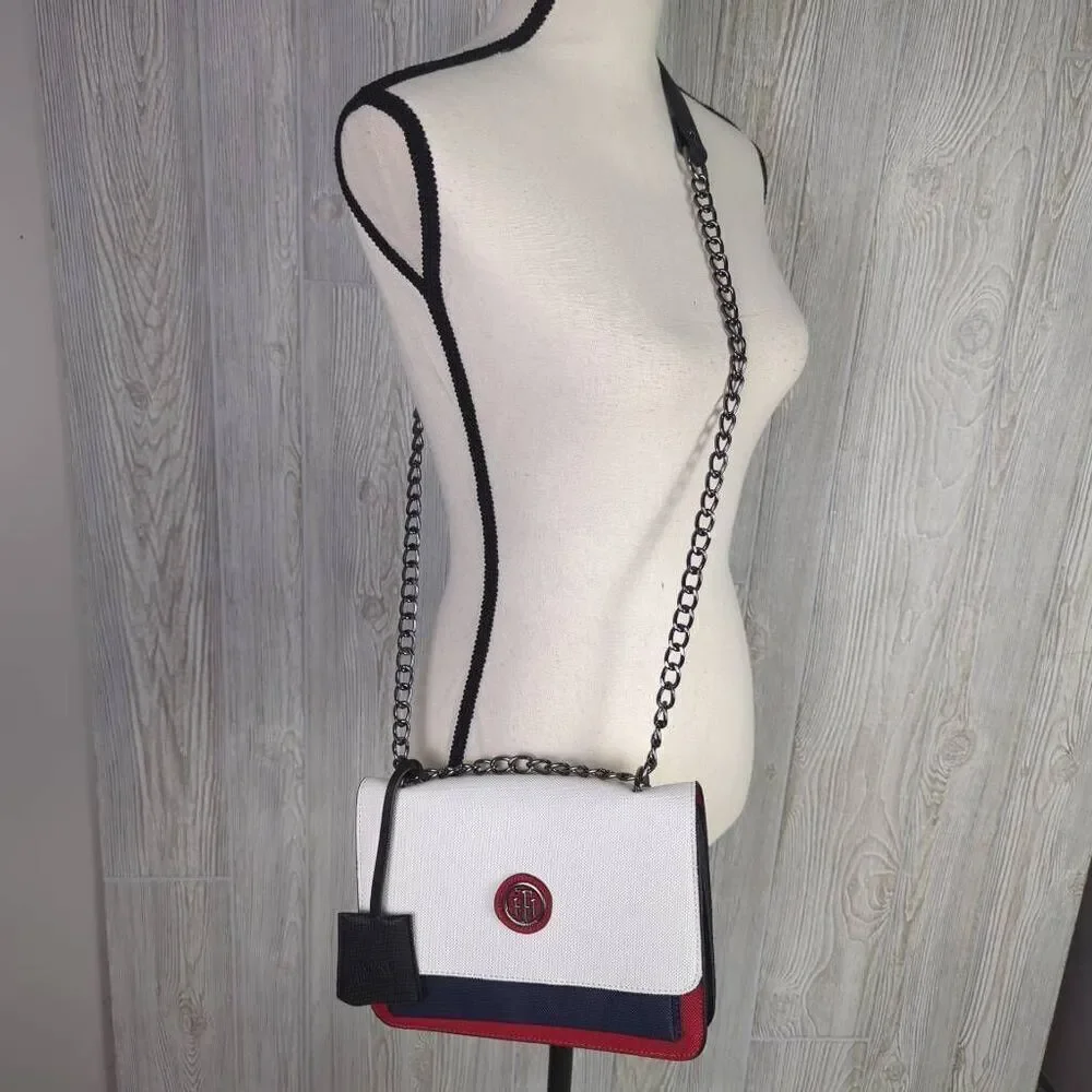 Tommy Hilfiger Classic Colorblock Blue White Red Chain Crossbody Bag Faux Leathe